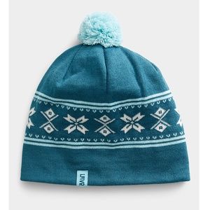Eco-friendly unisex teal snowflakes merino wool pompom tuque hat beanie NWT